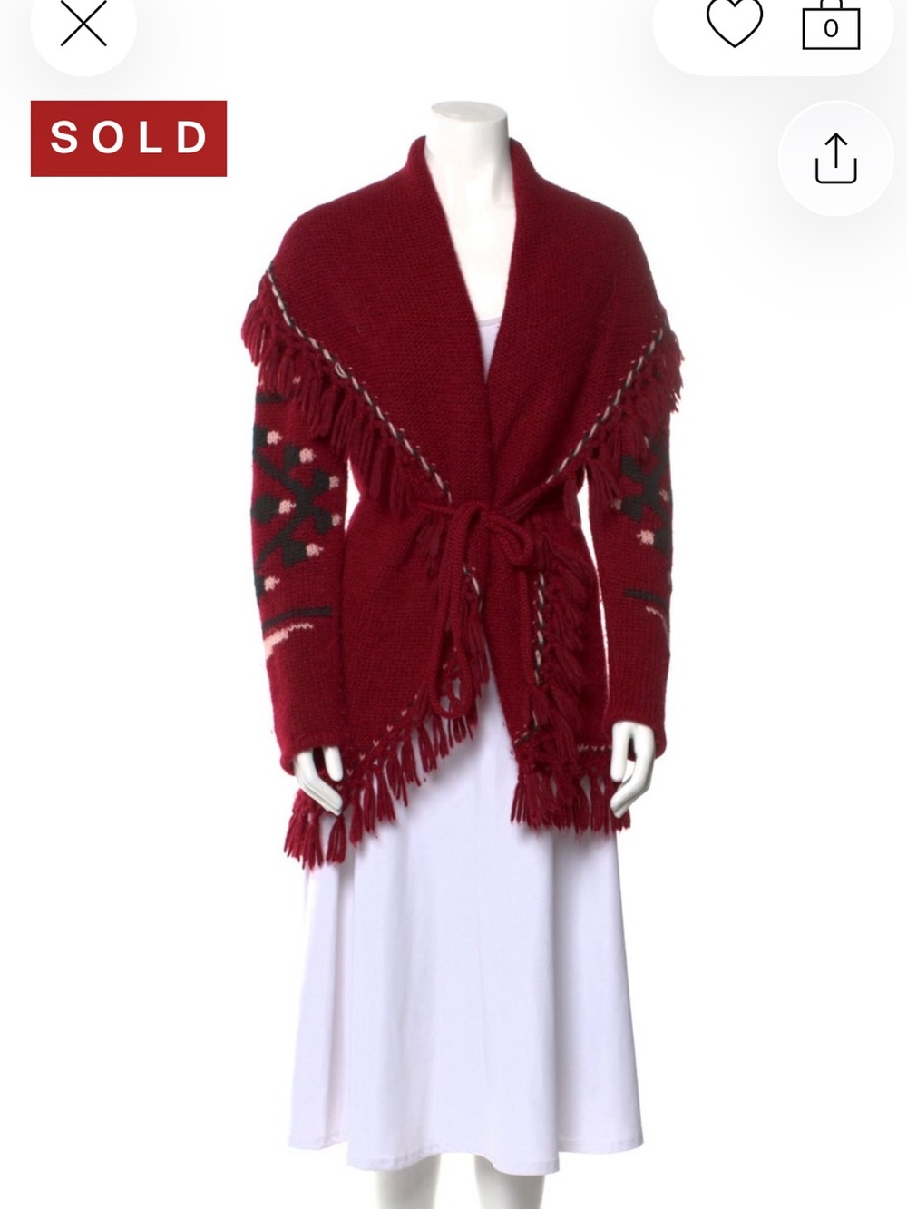 LoveShackFancy Western Fringe Baby Alpaca Cardigan Chunky Knit Sweater Red XS